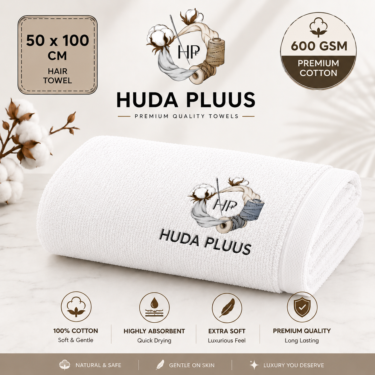 HUDA PLUUS Premium Hair Towel – 50 × 100 cm (Pack of 3