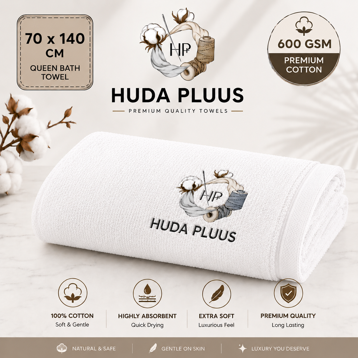 HUDA PLUUS Queen Bath Towel (70 × 140 cm) –Available In Pack of 3