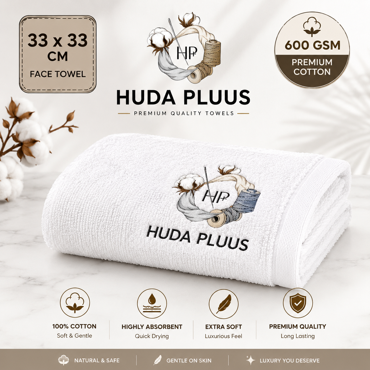 HUDA PLUUS Premium Face Towel (33 × 33 cm) – Available In Pack of 6
